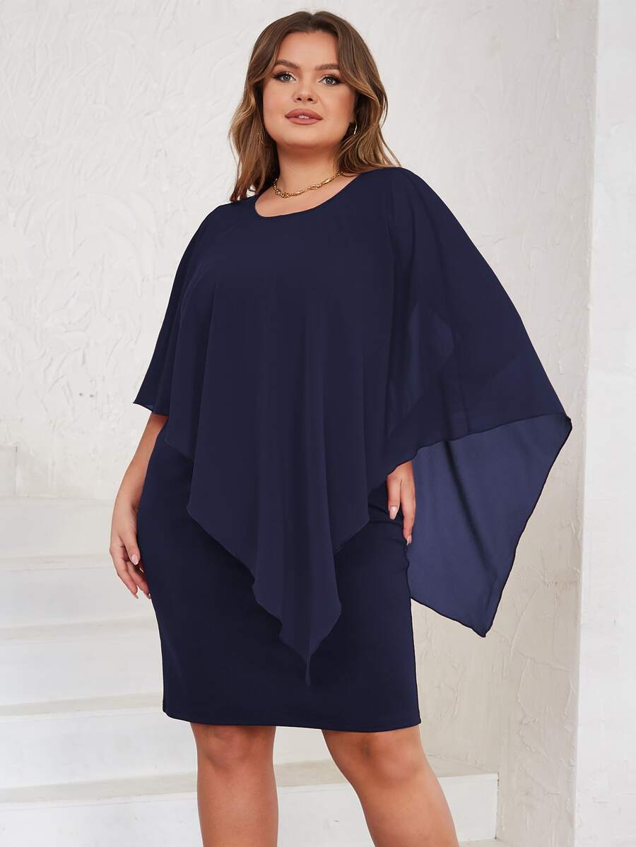 Vestido unicolor de manga capa - Azul Marino - Ver 1