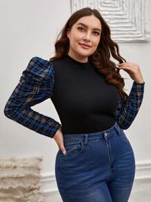 SHEIN Clasi 大碼格紋羊腿袖小高領T恤 - 黑色 - 查看 4