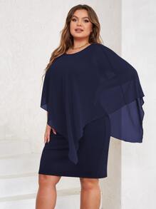 Vestido unicolor de manga capa - Azul Marino - Ver 3