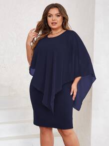 Vestido unicolor de manga capa - Azul Marino - Ver 4