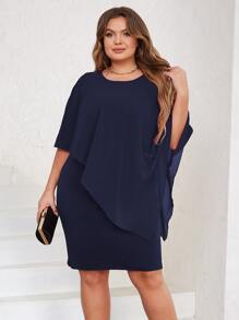 Vestido unicolor de manga capa - Azul Marino - Ver 5