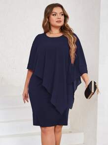 Vestido unicolor de manga capa - Azul Marino - Ver 6