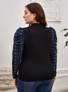 SHEIN Clasi 大碼格紋羊腿袖小高領T恤 - 黑色 - 查看 2