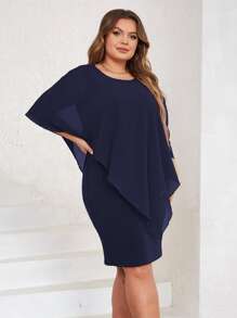 Vestido unicolor de manga capa - Azul Marino - Ver 7