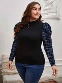 SHEIN Clasi 大碼格紋羊腿袖小高領T恤 - 黑色 - 查看 5