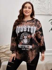SHEIN EZwear Plus Tie Dye Letter Graphic Drop Shoulder Tee - Multicolor - View 3
