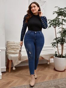 SHEIN Clasi 大碼格紋羊腿袖小高領T恤 - 黑色 - 查看 3