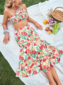 Aveloria Top crop con estampado floral de un hombro & Falda bajo con fruncido - Multicolor - Ver 2