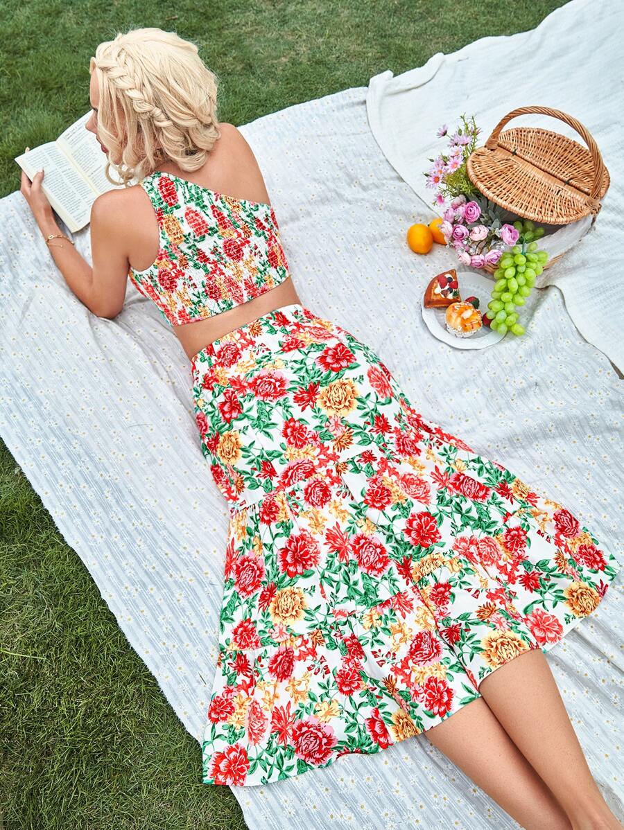 Aveloria Top crop con estampado floral de un hombro & Falda bajo con fruncido - Multicolor - Ver 1