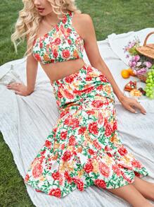 Aveloria Top crop con estampado floral de un hombro & Falda bajo con fruncido - Multicolor - Ver 3