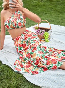 Aveloria Top crop con estampado floral de un hombro & Falda bajo con fruncido - Multicolor - Ver 5