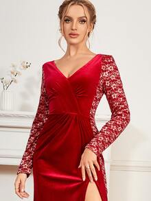 亮片蕾絲拼接高衩絲絨連衣裙 - 酒紅色 - 查看 8