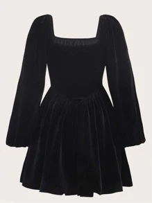 SHEIN EZwear Plus Ruched Bust Square Neck Lantern Sleeve Dress - Black - View 2