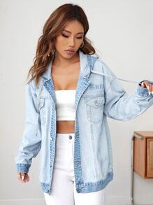 SHEIN EZwear 翻蓋口袋落肩袖抽繩連帽牛仔夾克 - 淺色水洗藍 - 查看 5