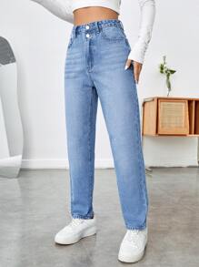 High Waist Mom Fit Jeans - Medium Wash - View 1