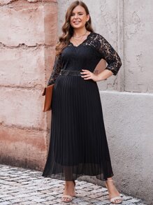 大碼水溶蕾絲拼接百褶下擺連衣裙 - 黑色 - 查看 3