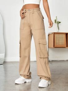 High Waist Flap Pocket Cargo Jeans - Khaki - View 1