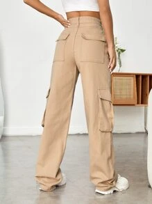 High Waist Flap Pocket Cargo Jeans - Khaki - View 2