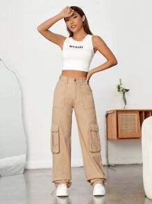 High Waist Flap Pocket Cargo Jeans - Khaki - View 3