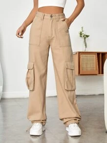 High Waist Flap Pocket Cargo Jeans - Khaki - View 5