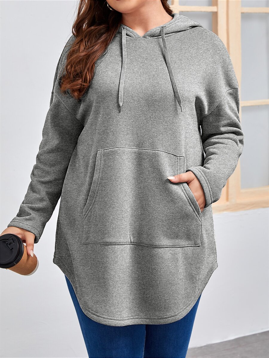 SHEIN LUNE Áo nỉ dáng rộng có túi, vai rớt, dây rút, thích hợp cho mùa đông, thu, thu. - Xám - Xem 1