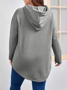 SHEIN LUNE Áo nỉ dáng rộng có túi, vai rớt, dây rút, thích hợp cho mùa đông, thu, thu. - Xám - Xem 2