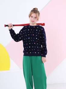 Tween Girl Heart Print Drop Shoulder Sweatshirt - Multicolor - View 1