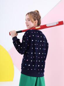 Tween Girl Heart Print Drop Shoulder Sweatshirt - Multicolor - View 2