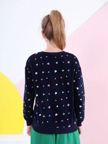 Tween Girl Heart Print Drop Shoulder Sweatshirt - Multicolor - View 5