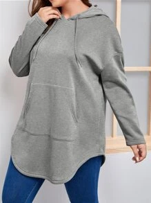 SHEIN LUNE Áo nỉ dáng rộng có túi, vai rớt, dây rút, thích hợp cho mùa đông, thu, thu. - Xám - Xem 5