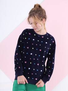 Tween Girl Heart Print Drop Shoulder Sweatshirt - Multicolor - View 6