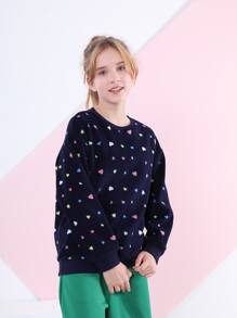 Tween Girl Heart Print Drop Shoulder Sweatshirt - Multicolor - View 7