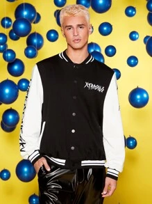 XTRASOLO Men Letter Graphic Two Tone Varsity Jacket - Black and White - View 1