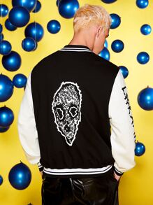 XTRASOLO Men Letter Graphic Two Tone Varsity Jacket - Black and White - View 2
