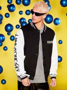 XTRASOLO Men Letter Graphic Two Tone Varsity Jacket - Black and White - View 8