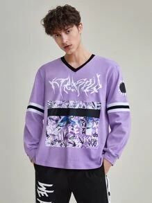 XTRASOLO Men Letter & Marble Print Contrast Trim Sweatshirt - Lilac Purple - View 1