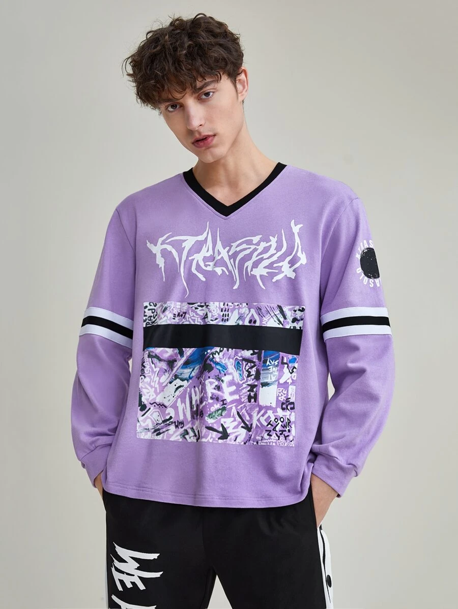 XTRASOLO Men Letter & Marble Print Contrast Trim Sweatshirt - Lilac Purple - View 1