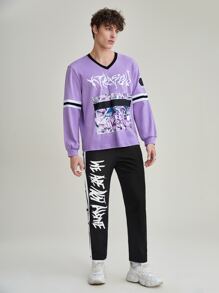 XTRASOLO Men Letter & Marble Print Contrast Trim Sweatshirt - Lilac Purple - View 4