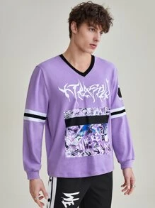 XTRASOLO Men Letter & Marble Print Contrast Trim Sweatshirt - Lilac Purple - View 5