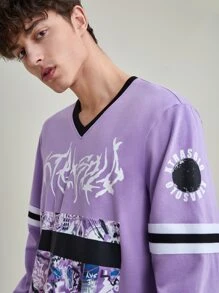 XTRASOLO Men Letter & Marble Print Contrast Trim Sweatshirt - Lilac Purple - View 6