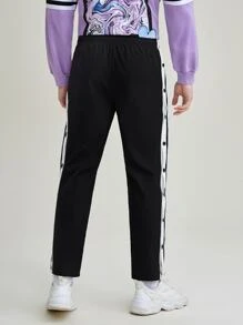 XTRASOLO Men Letter Graphic Contrast Side Seam Button Detail Trousers - Black - View 2