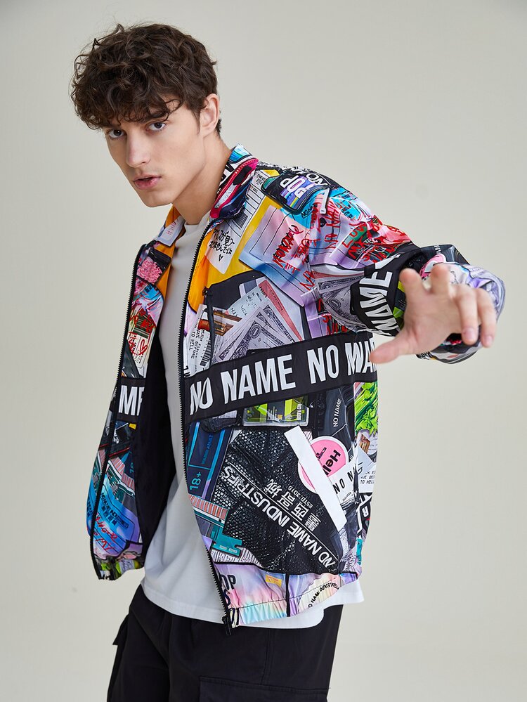 NO NAME Men Japanese Slogan Graphic Zip Up Jacket - Multicolor - View 3