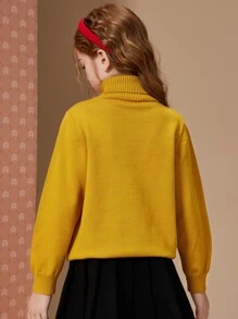 Teen Girls Heart Embroidery Turtleneck Jumper - Yellow - View 2