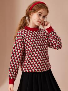 Girls Geo Pattern Drop Shoulder Jumper - Multicolor - View 1