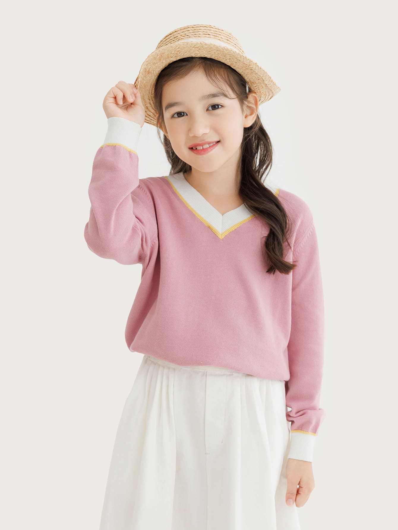 Chicas 1 pieza Jersey ribete en contraste de hombros caídos - Rosa Pálido - Ver 1