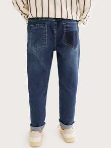 Chicos Jeans de rayas desgarro con bolsillo oblicuo - Azul lavado oscuro - Ver 2