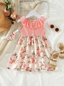 Niñas Vestido con estampado floral ribete con fruncido - Multicolor - Ver 1
