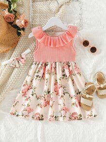 Niñas Vestido con estampado floral ribete con fruncido - Multicolor - Ver 2