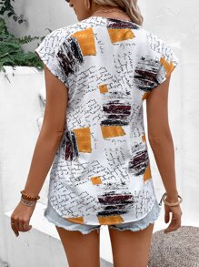 SHEIN VCAY All Over Print Notched Neck Batwing Sleeve Blouse - White - View 2