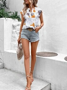 SHEIN VCAY All Over Print Notched Neck Batwing Sleeve Blouse - White - View 5